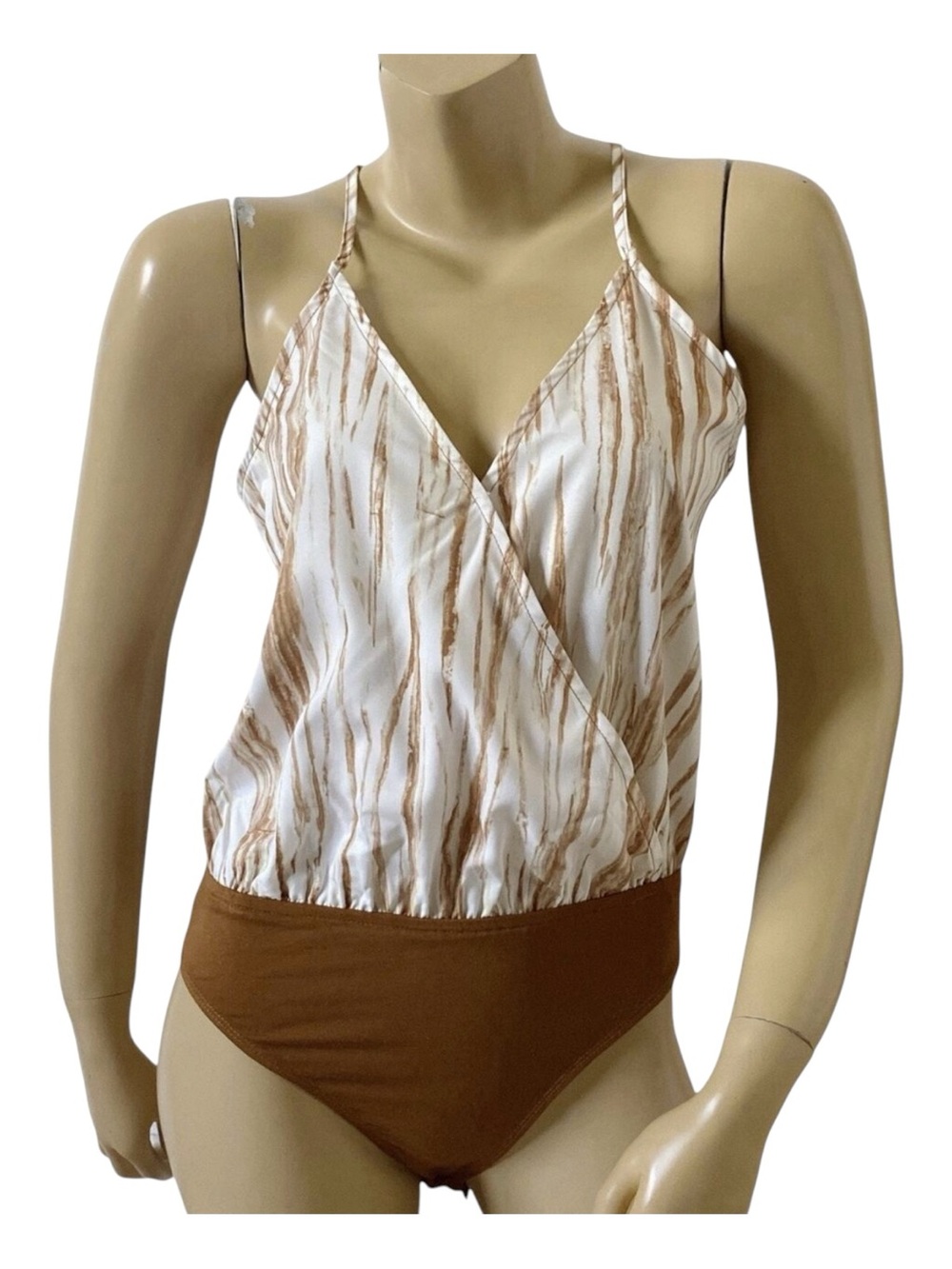Shein Bodysuit Womens Small Surplice Spaghetti Strap Abstract Top Sleeveless